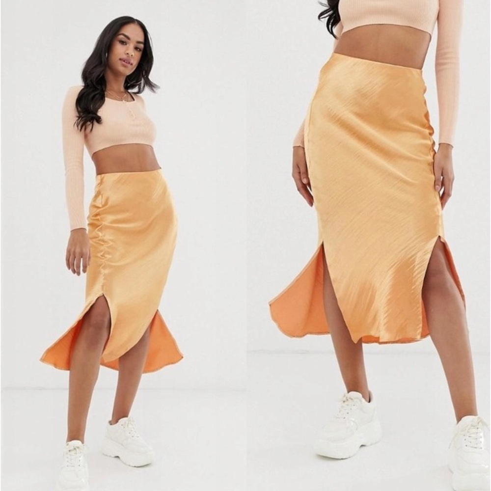 ASOS Orange Satin High Waist Midi Skirt with double side slits - Picture 7 of 7